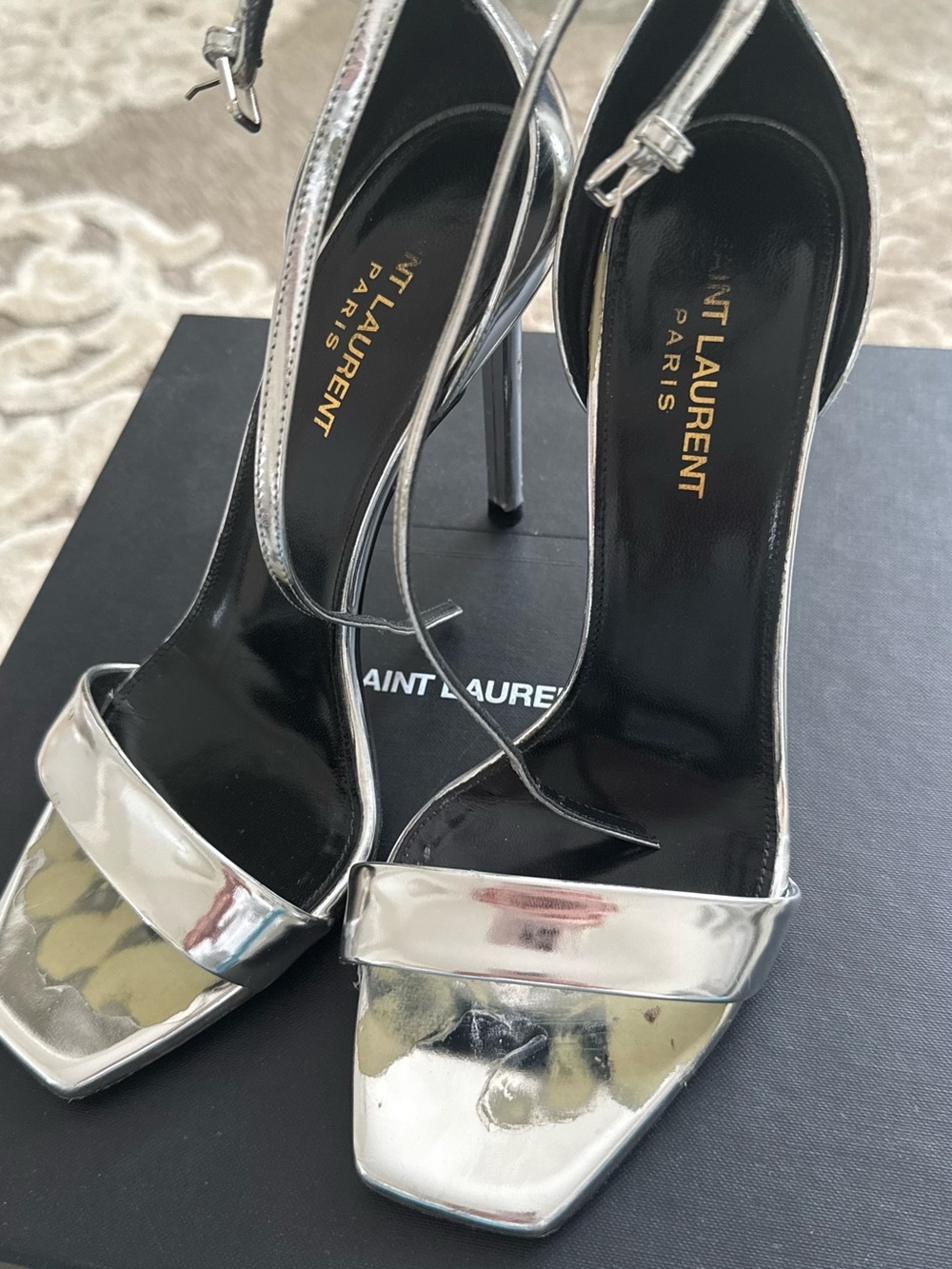 Saint Laurent Silver Mirror-Finish Stiletto Sandals Size 38